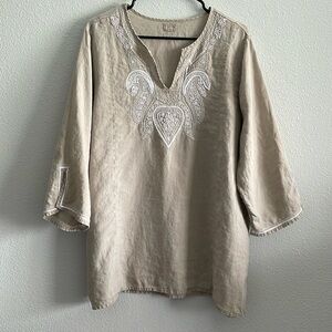 Symple NYC Tan Linen Sequined Embroidered 3/4 Sleeve Blouse Top
